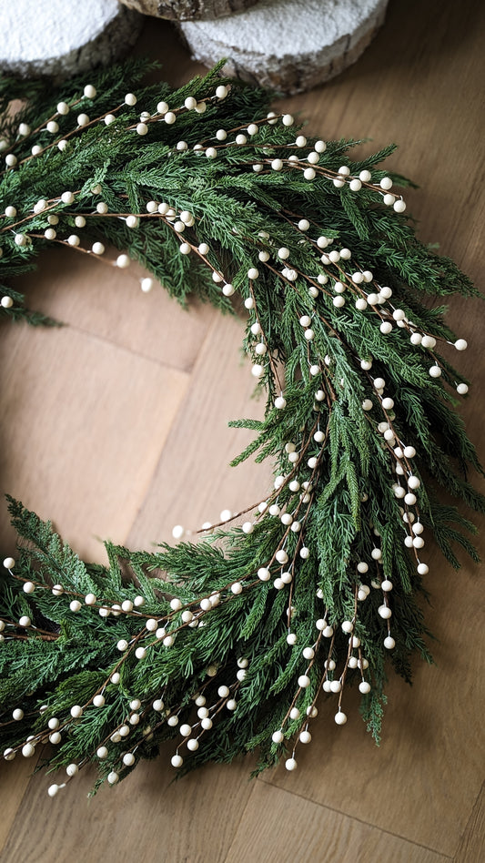 White Plum Berry Norfolk Cypress Wreath